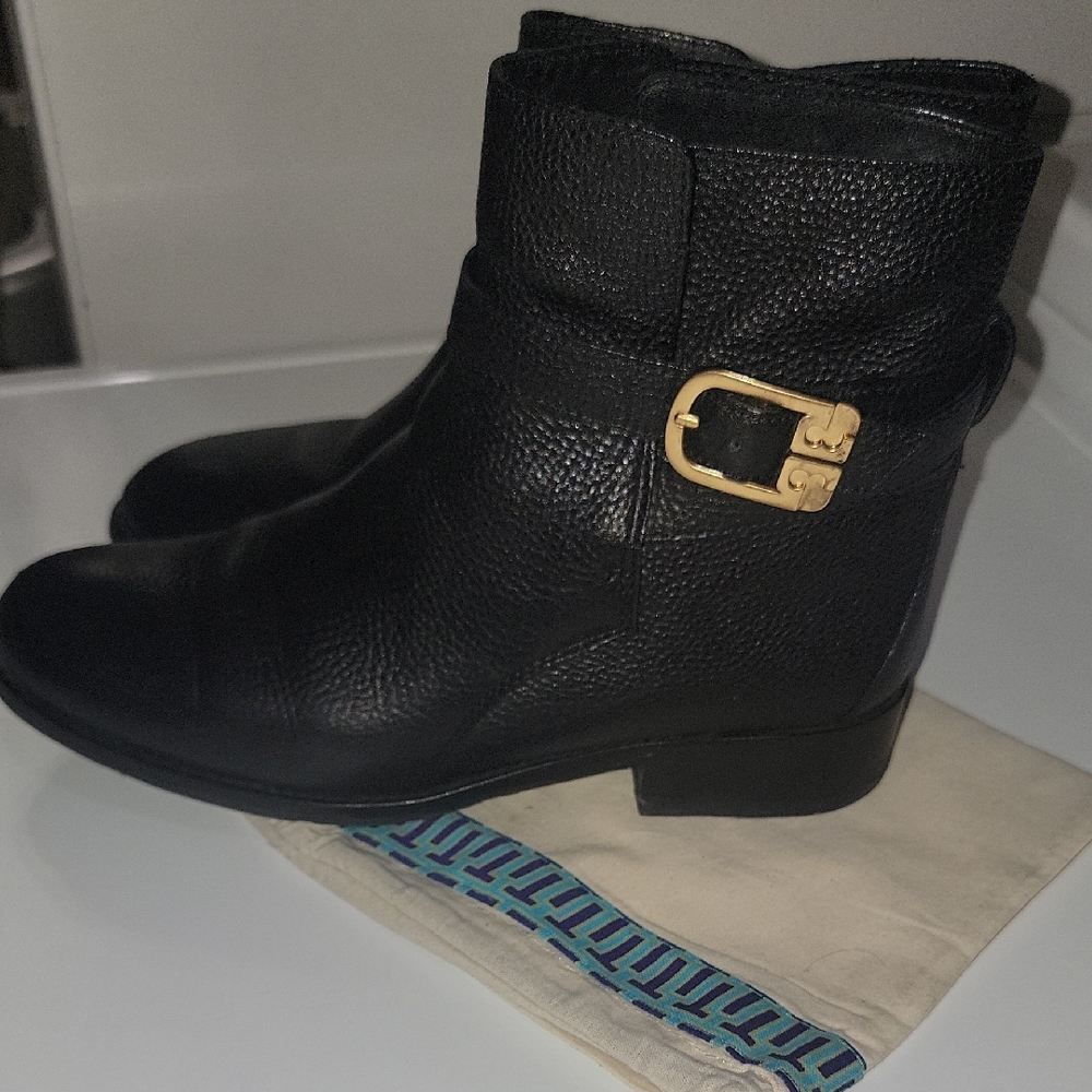 Tory Burch Black and Gold Ankle Booties with Gold Buckle
